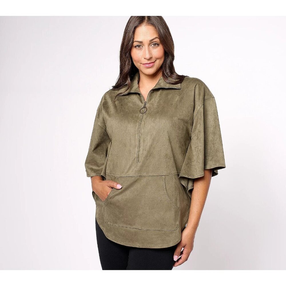 Belle Boho by Kim Gravel Faux Suede Zip Front Retro Poncho Dusky Olive,2X